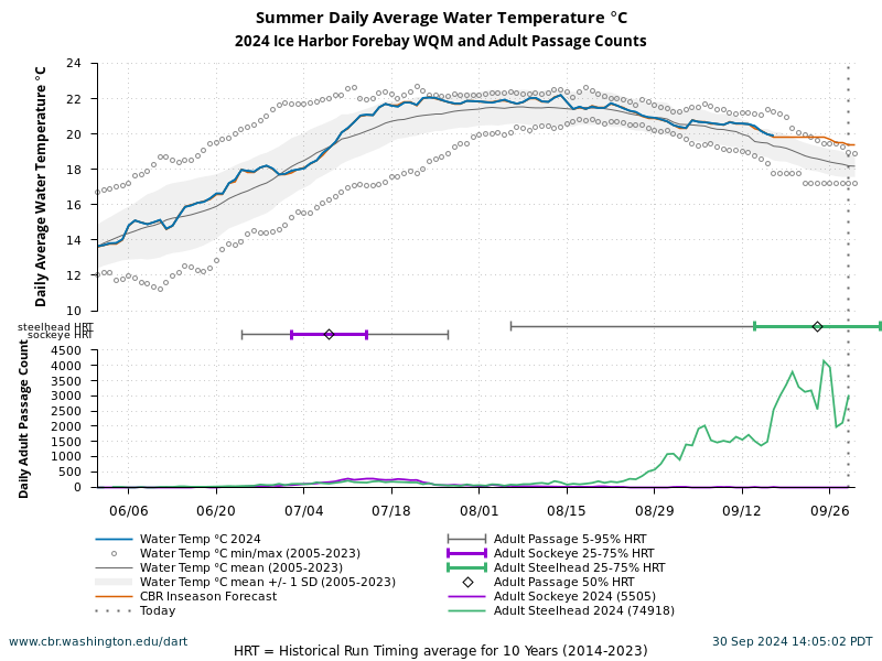 Ice Harbor Forebay WQM Summer Water Temperature 6/1 to 9/30 current year with forecasted and historical data. Sockeye and Steelhead adult passage counts current year with average of 10 years historical run timing.