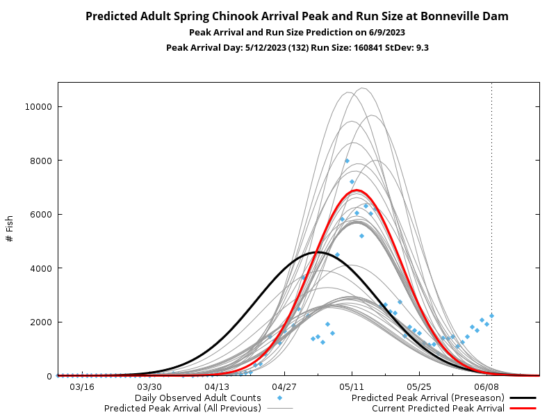 example daily peak arrival timing and run size graph