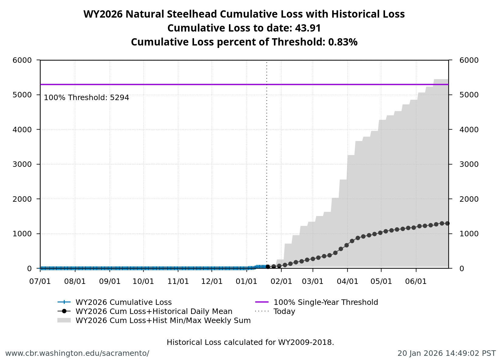Line chart showing cumulative loss of natural Central Valley steelhead for the current water year (black line) compared to historical years (gray lines) with annual loss threshold indicated as a horizontal dashed line.