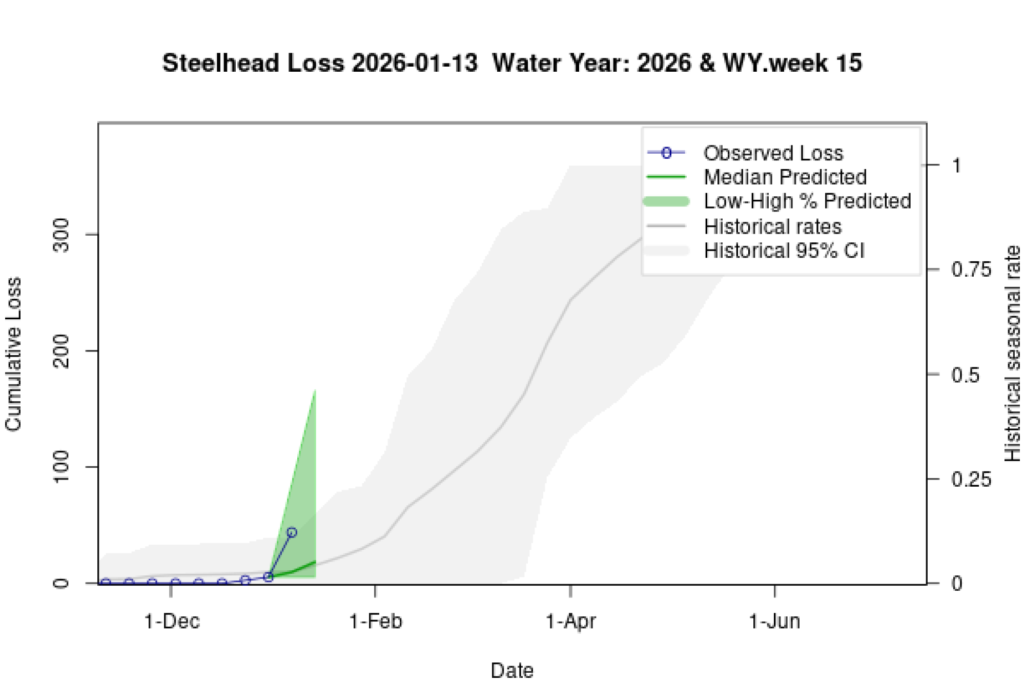 Graph showing observed cumulative loss of steelhead (points) with predicted future loss trajectories including mean predictions (line) and 80% credible intervals (shaded area).