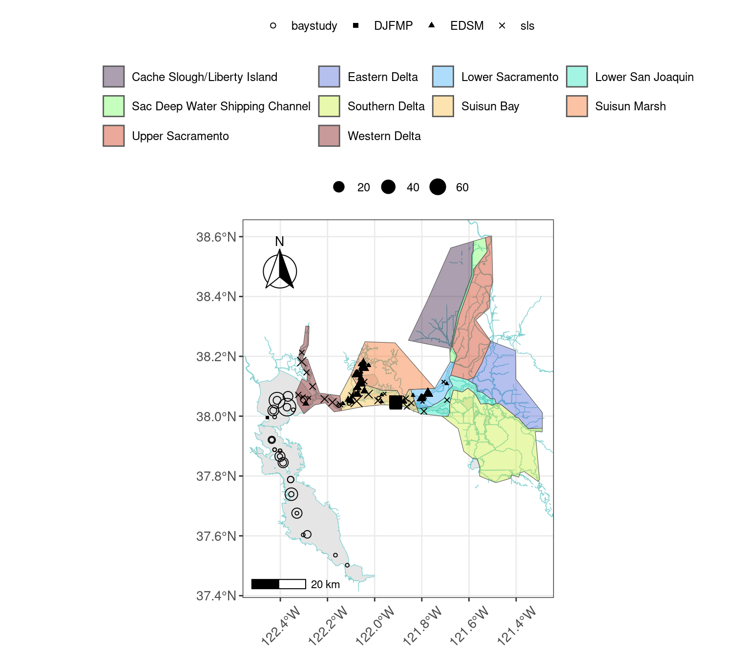 Map showing catch location and relative count oflongfin smelt captured across different regions in WY2026