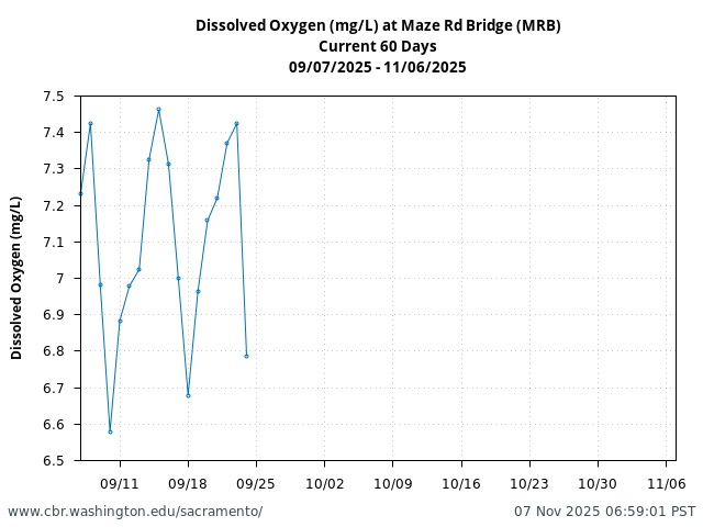 Plot of 60 Days current conditions Dissolved Oxygen (mg/L) at Maze Rd Bridge (MRB)