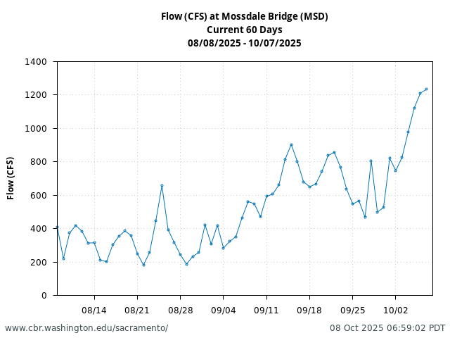 Plot of 60 Days current conditions Flow (CFS) at Mossdale Bridge (MSD)