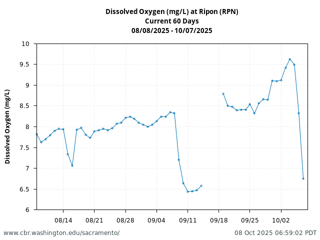Plot of 60 Days current conditions Dissolved Oxygen (mg/L) at Ripon (RPN)