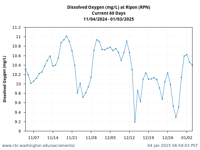 Plot of 60 Days current conditions Dissolved Oxygen (mg/L) at Ripon (RPN)