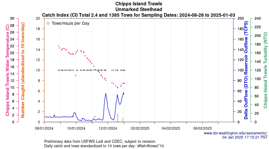 plot Central Valley Juvenile Salmonid Monitoring Chipps Island Trawls Unmarked Steelhead Sampling Dates 2024-08-28 to 2025-01-03