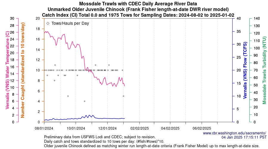 plot Central Valley Juvenile Salmonid Monitoring Mossdale Trawls with CDEC Daily Average River Data Unmarked Older Juvenile Chinook Sampling Dates 2024-08-02 to 2025-01-02