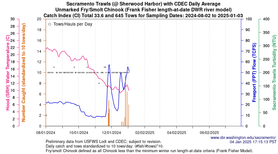 plot Central Valley Juvenile Salmonid Monitoring Sacramento Trawls (@ Sherwood Harbor) with CDEC Daily Average Unmarked Fry/Smolt Chinook Sampling Dates 2024-08-02 to 2025-01-03